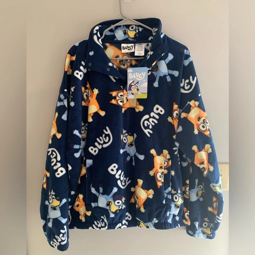 Adult Bluey & Bingo Blue & Orange Fleece Long Sleeve 3/4 Button Pull Over Sz M